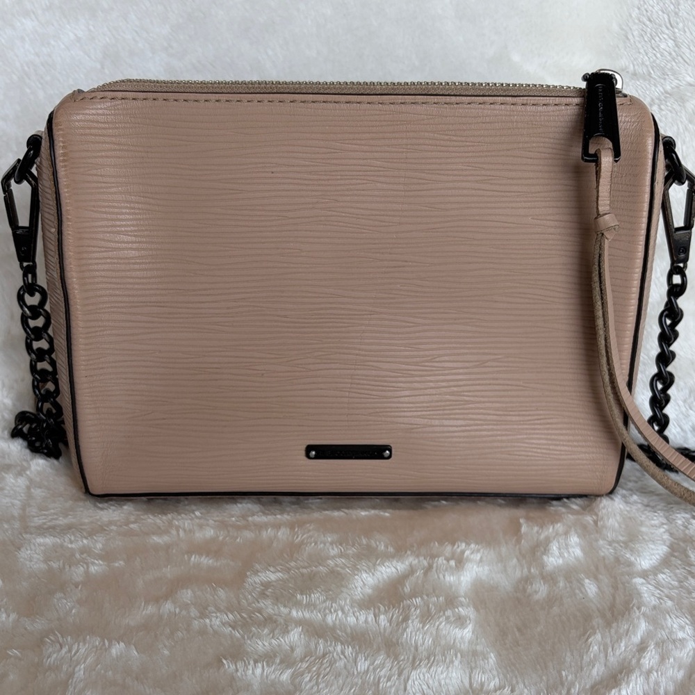 Rebecca Minkoff Beige Textured Leather Crossbody Bag With Black Chain Strap